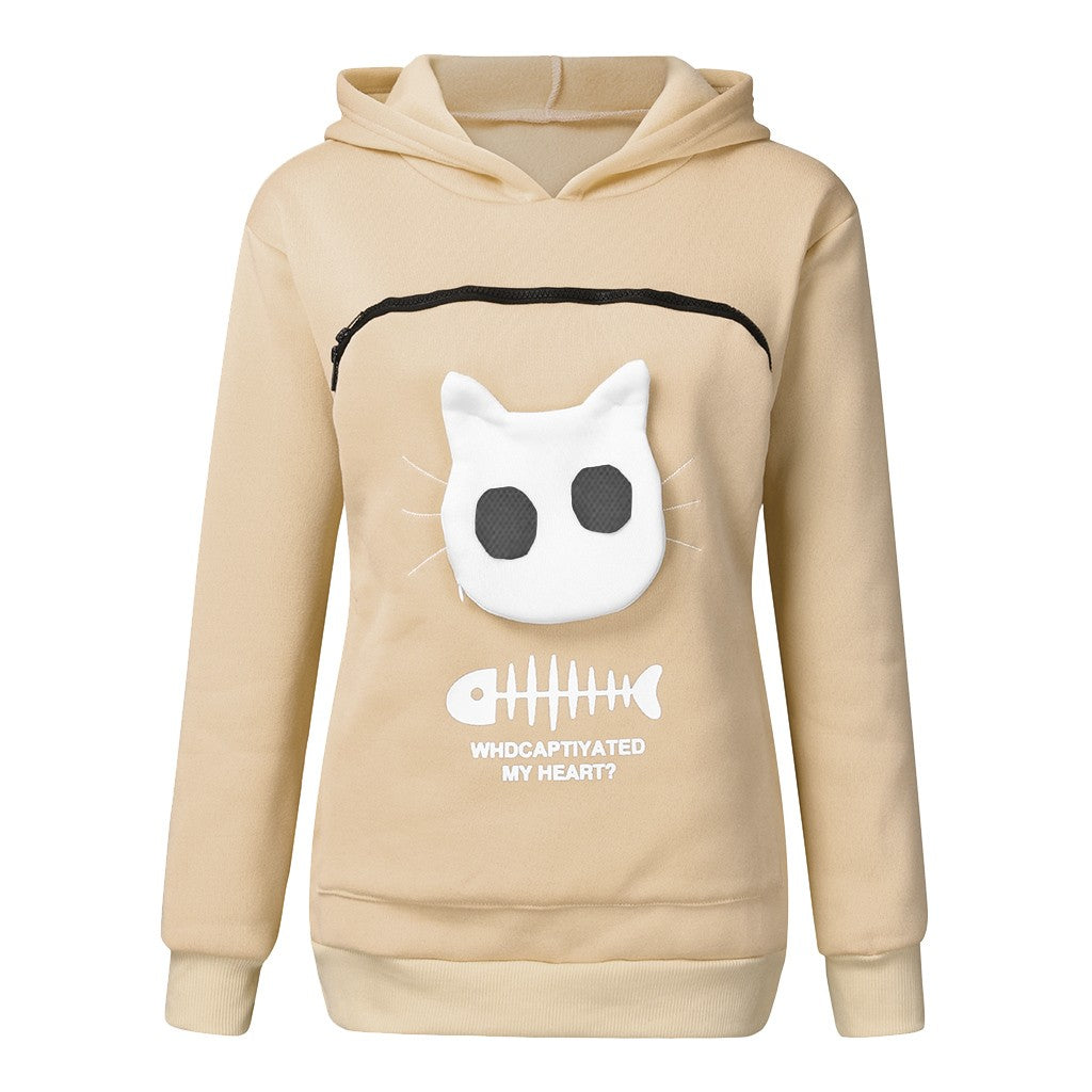 Feline Fashion Statement: The Women's Hoodie Sweatshirt with Cat Pet Pocket Design - A Purr-fect Addition to Your Wardrobe