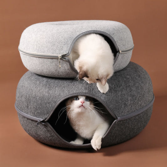 Cozy Hideaway & Fun Playtime: The All-in-One Round Woolen Felt Cat Nest Tunnel Toy for Indoor & Outdoor Use