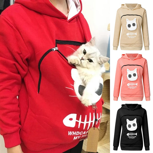 Feline Fashion Statement: The Women's Hoodie Sweatshirt with Cat Pet Pocket Design - A Purr-fect Addition to Your Wardrobe